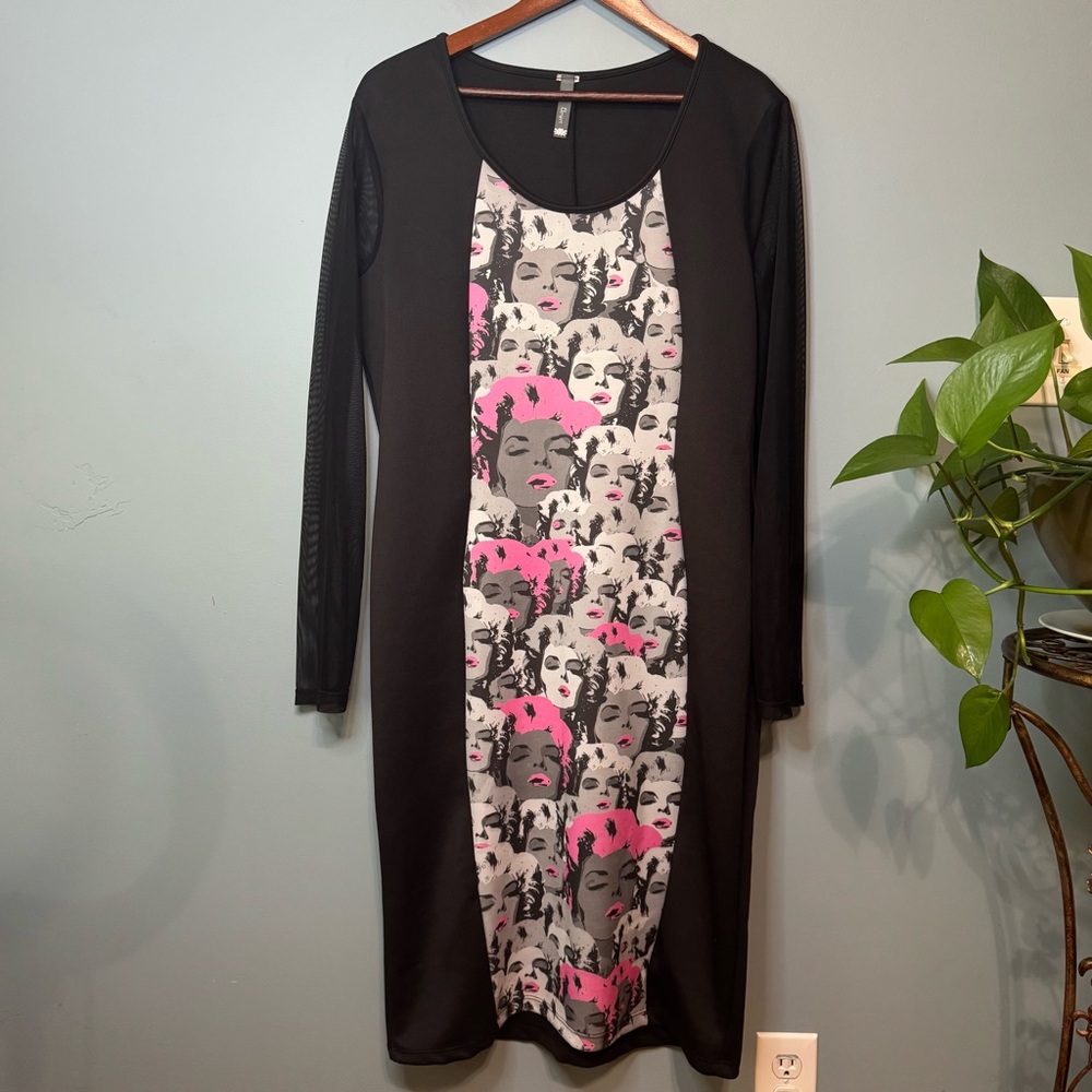 Black and Pink Graphic Midi Dress
